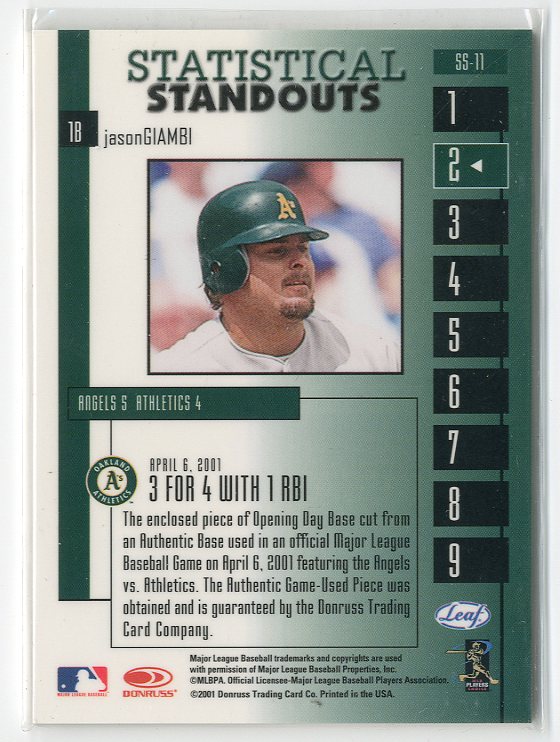 2001 Leaf Rookies and Stars Statistical Standouts #SS11 Jason Giambi back image