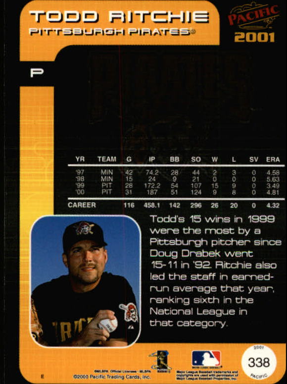 2001 Pacific #338 Todd Ritchie back image