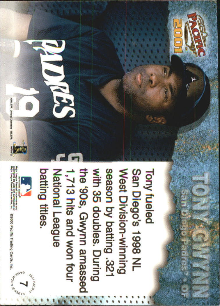 2001 Pacific Game Jersey #7 Tony Gwynn back image