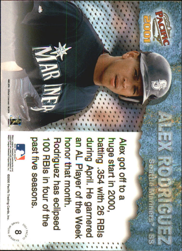 2001 Pacific Game Jersey #8 Alex Rodriguez back image