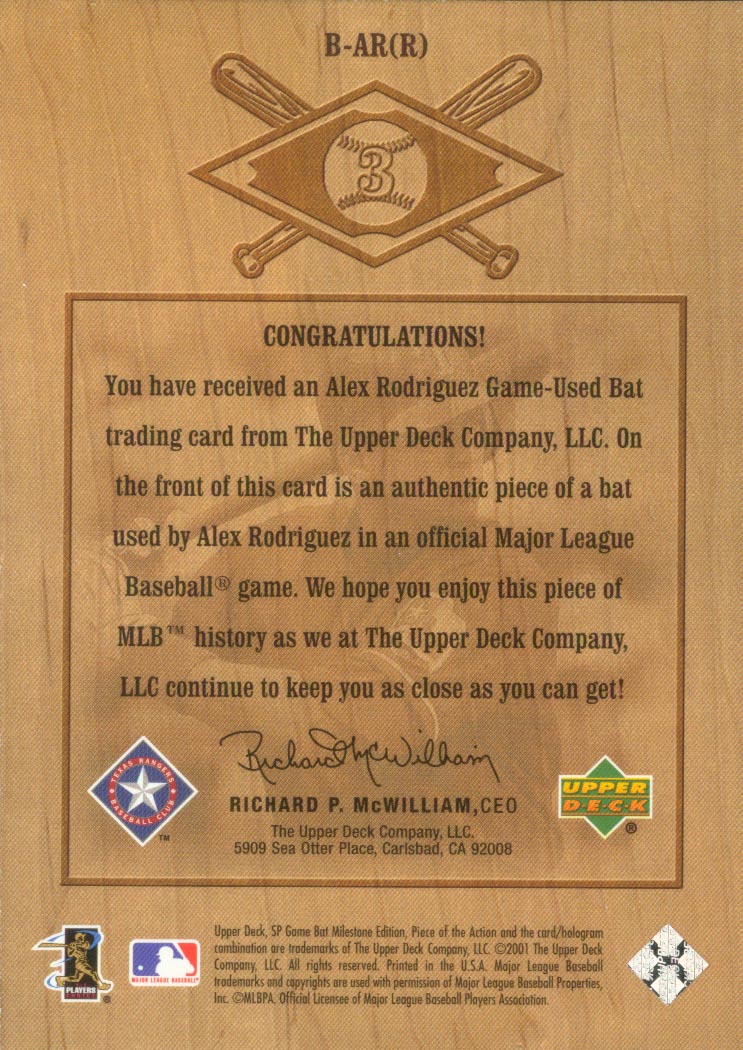 2001 SP Game Bat Milestone Piece of Action Bound for the Hall #BAR Alex Rodriguez Rangers back image