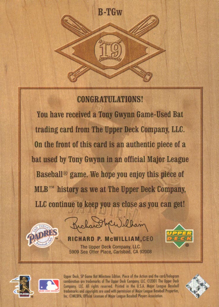 2001 SP Game Bat Milestone Piece of Action Bound for the Hall #BTG Tony Gwynn back image