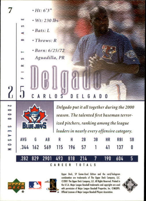 2001 SP Game Used Edition #7 Carlos Delgado back image