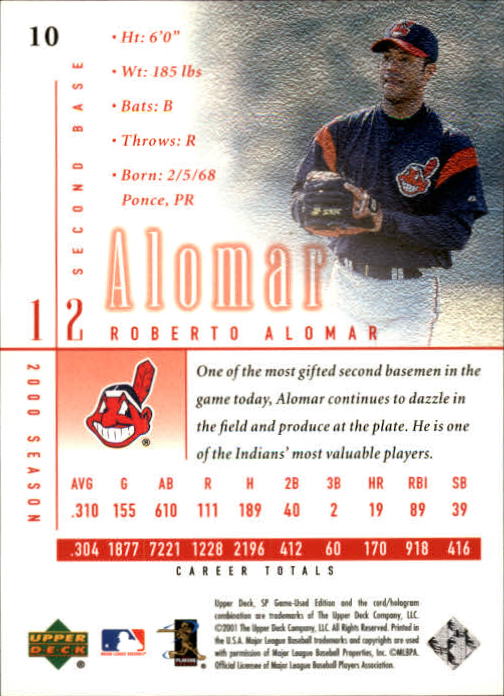 2001 SP Game Used Edition #10 Roberto Alomar back image