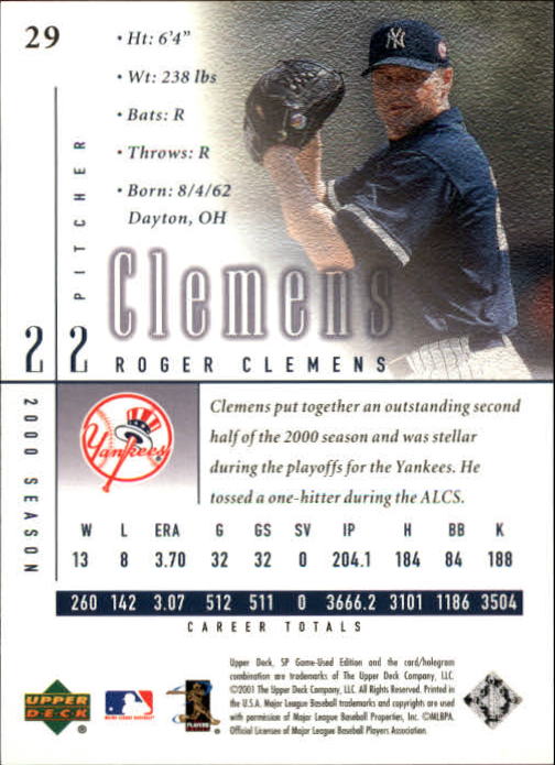 2001 SP Game Used Edition #29 Roger Clemens back image