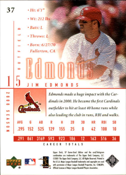 2001 SP Game Used Edition #37 Jim Edmonds back image
