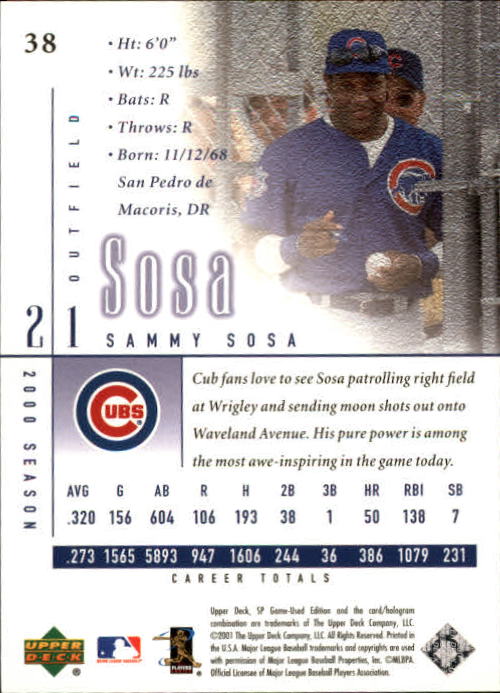 2001 SP Game Used Edition #38 Sammy Sosa back image