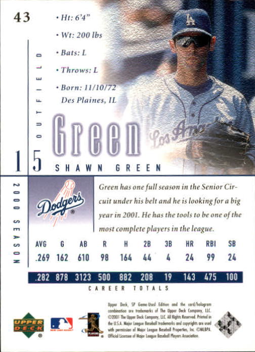 2001 SP Game Used Edition #43 Shawn Green back image