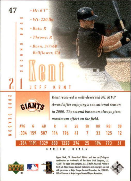 2001 SP Game Used Edition #47 Jeff Kent back image