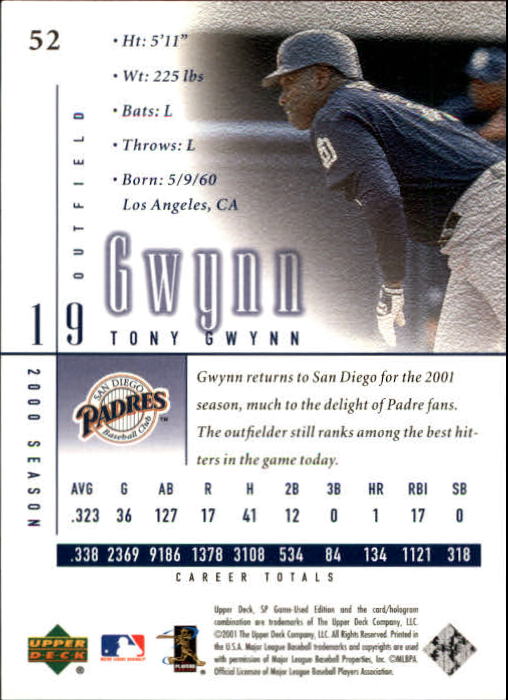 2001 SP Game Used Edition #52 Tony Gwynn back image