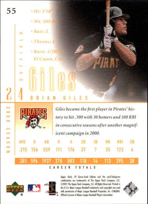 2001 SP Game Used Edition #55 Brian Giles back image