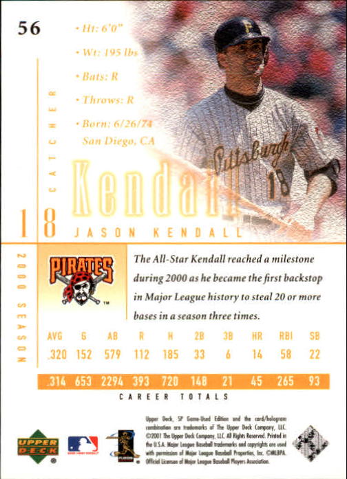 2001 SP Game Used Edition #56 Jason Kendall back image