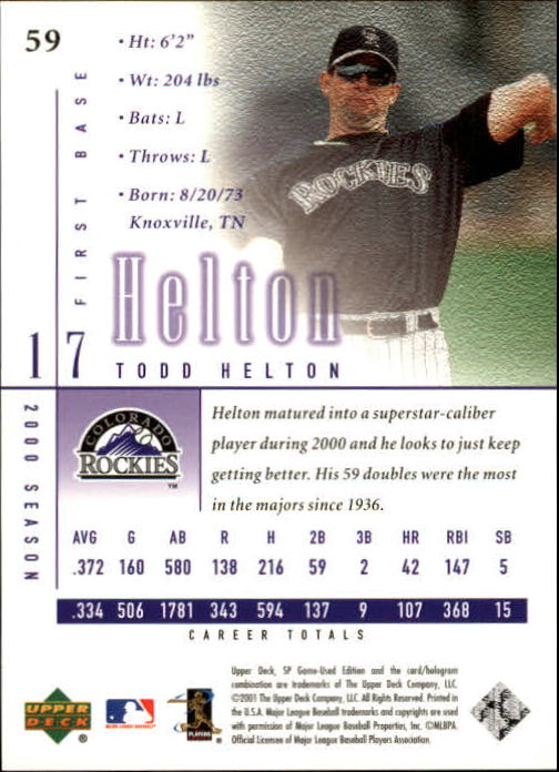 2001 SP Game Used Edition #59 Todd Helton back image