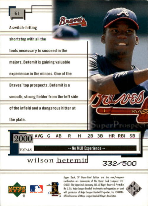 2001 SP Game Used Edition #61 Wilson Betemit RC back image