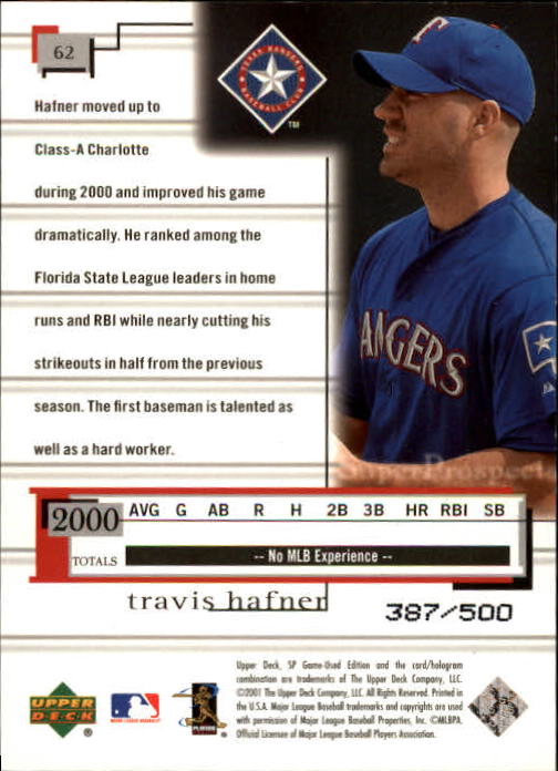 2001 SP Game Used Edition #62 Travis Hafner RC back image