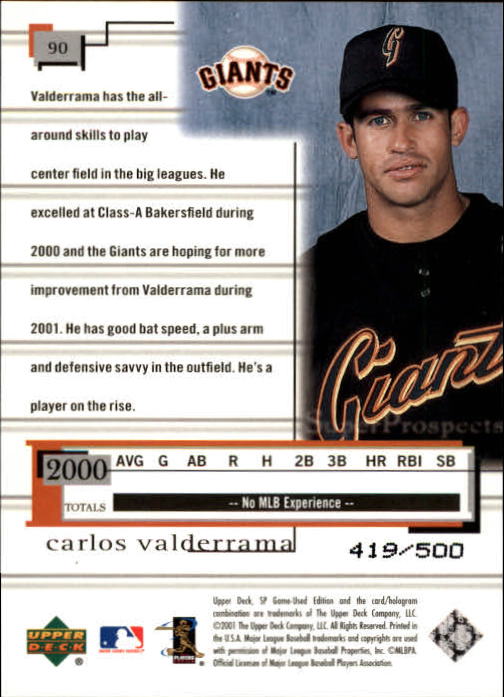 2001 SP Game Used Edition #90 Carlos Valderrama RC back image