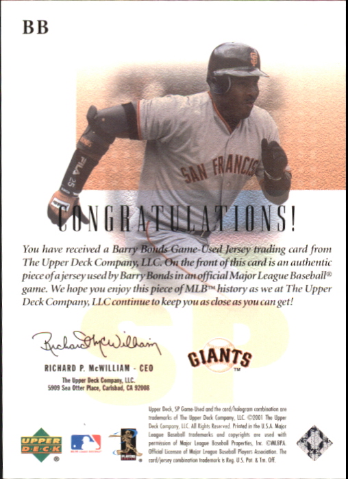 2001 SP Game Used Edition Authentic Fabric #BB Barry Bonds back image