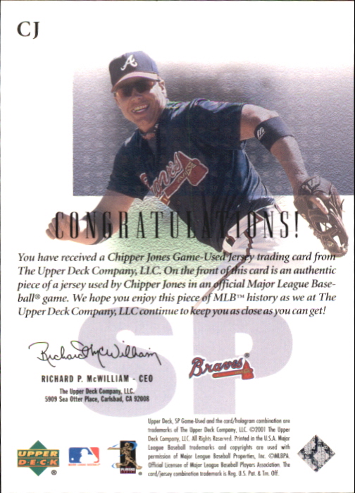2001 SP Game Used Edition Authentic Fabric #CJ Chipper Jones back image