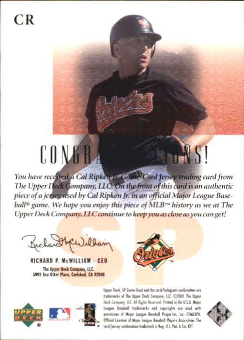 2001 SP Game Used Edition Authentic Fabric #CR Cal Ripken back image