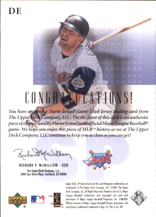 2001 SP Game Used Edition Authentic Fabric #DE Darin Erstad back image