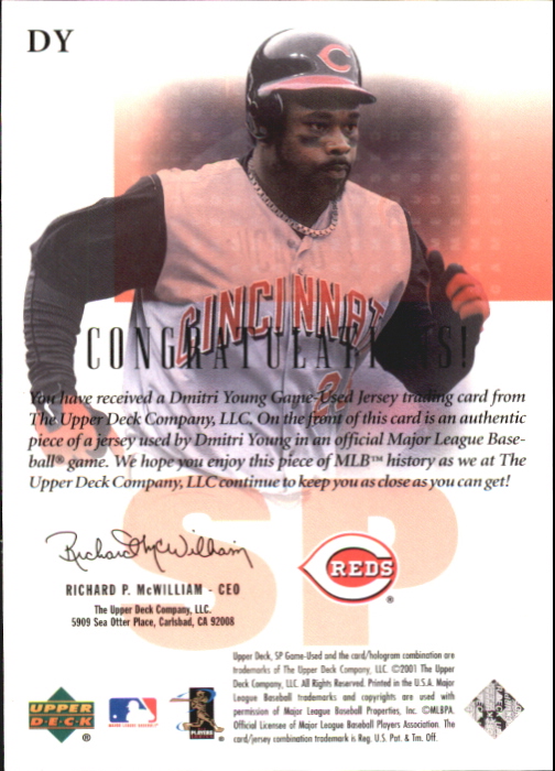 2001 SP Game Used Edition Authentic Fabric #DY Dmitri Young back image