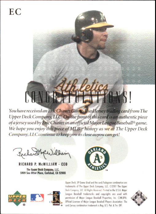 2001 SP Game Used Edition Authentic Fabric #EC Eric Chavez back image