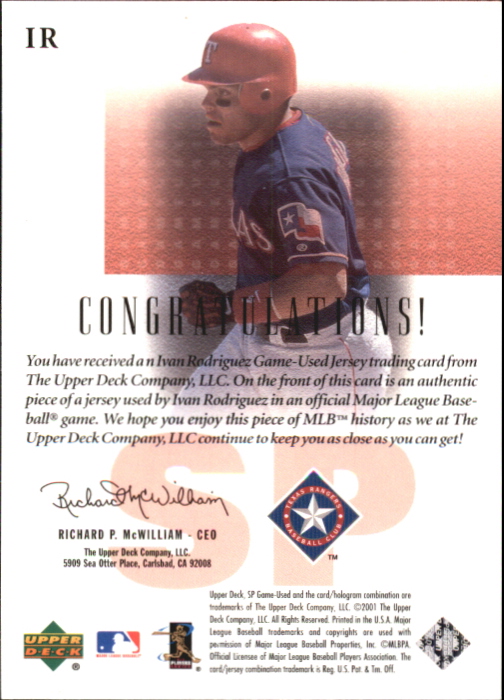 2001 SP Game Used Edition Authentic Fabric #IR Ivan Rodriguez back image