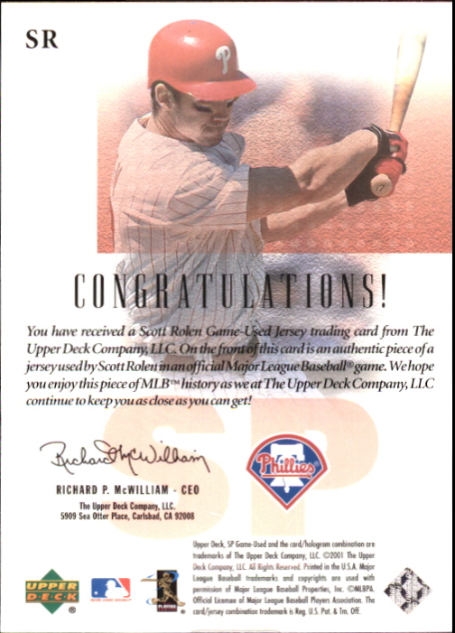 2001 SP Game Used Edition Authentic Fabric #SR Scott Rolen back image