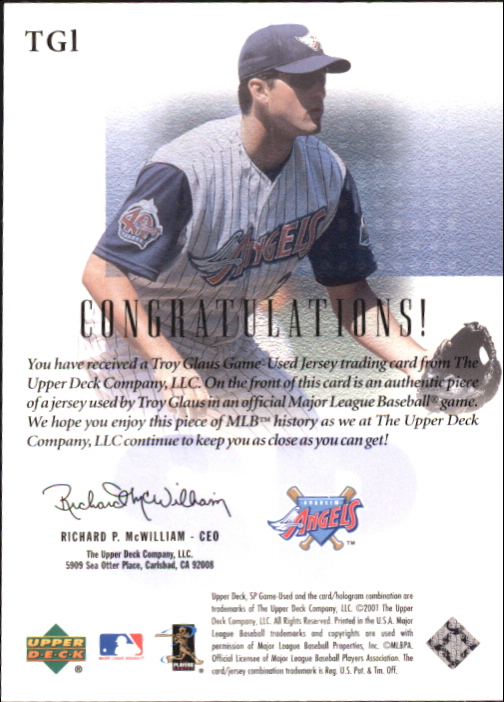 2001 SP Game Used Edition Authentic Fabric #TGL Troy Glaus back image