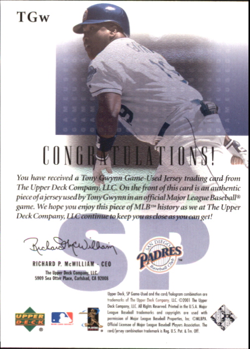 2001 SP Game Used Edition Authentic Fabric #TGW Tony Gwynn DP back image