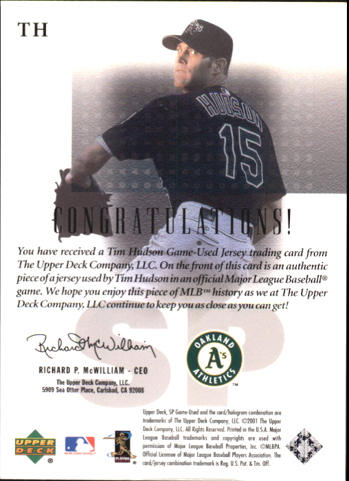 2001 SP Game Used Edition Authentic Fabric #TH Tim Hudson back image