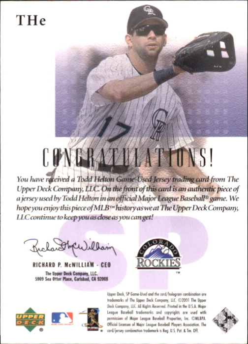 2001 SP Game Used Edition Authentic Fabric #THE Todd Helton back image