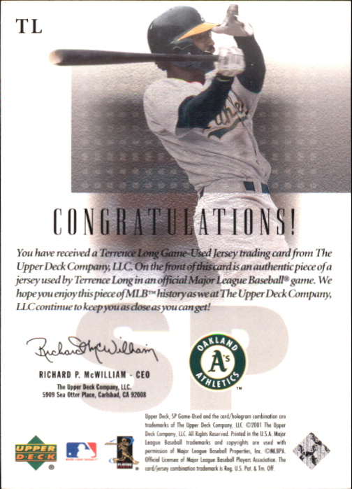 2001 SP Game Used Edition Authentic Fabric #TL Terrence Long back image