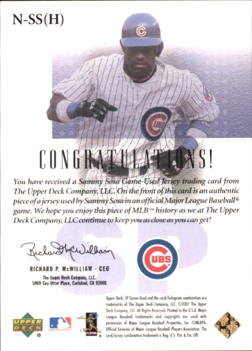 2001 SP Game Used Edition Authentic Fabric 2 #SSH Sammy Sosa Home back image