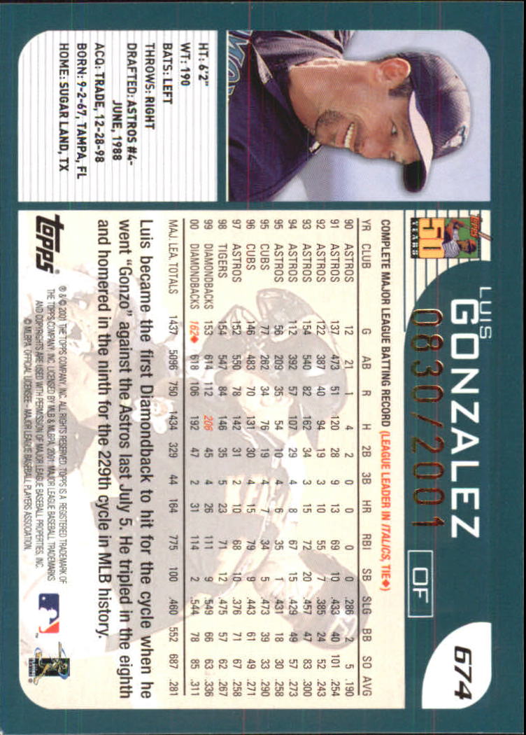 2001 Topps Gold #674 Luis Gonzalez back image