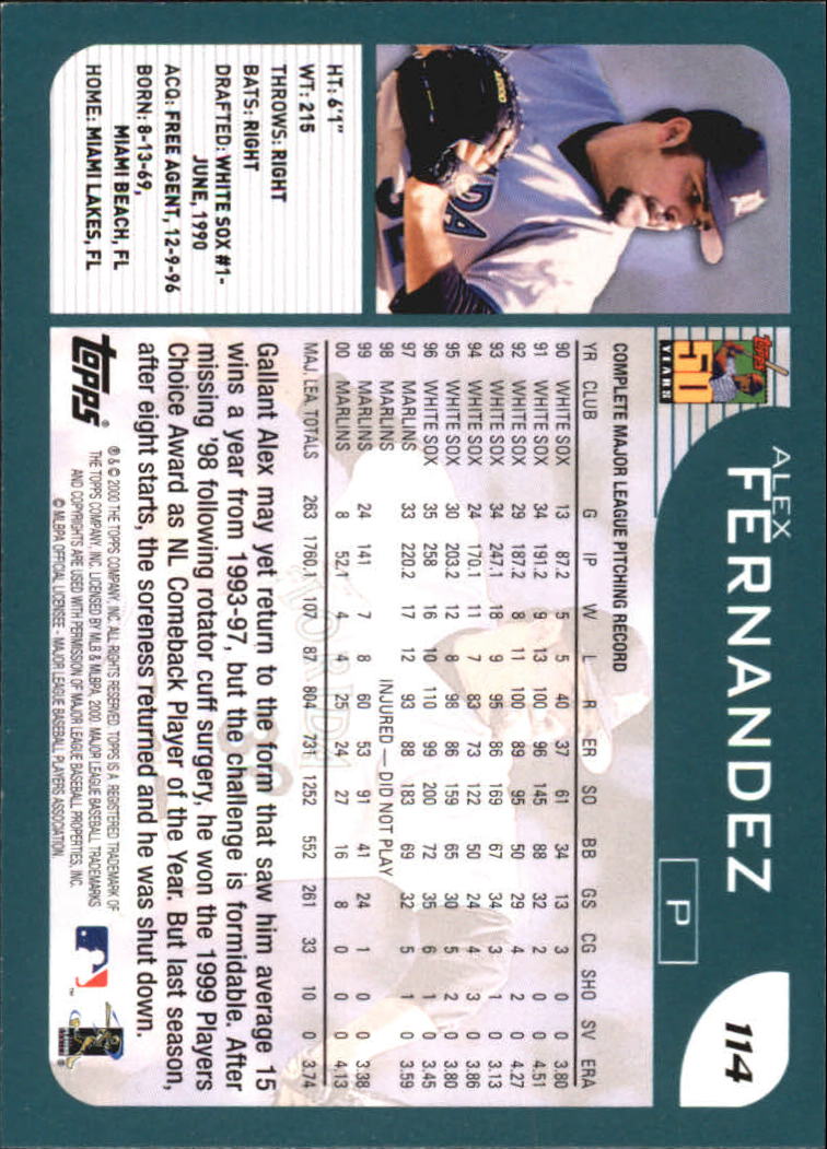 2001 Topps Home Team Advantage #114 Alex Fernandez back image