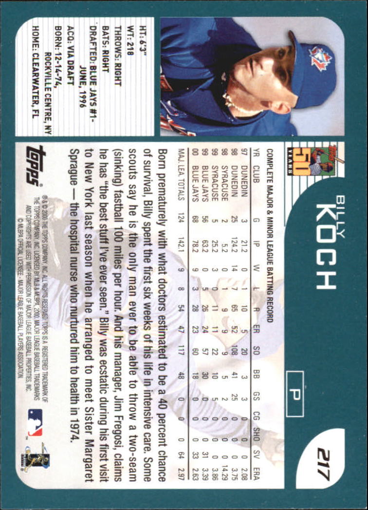 2001 Topps Home Team Advantage #217 Billy Koch back image