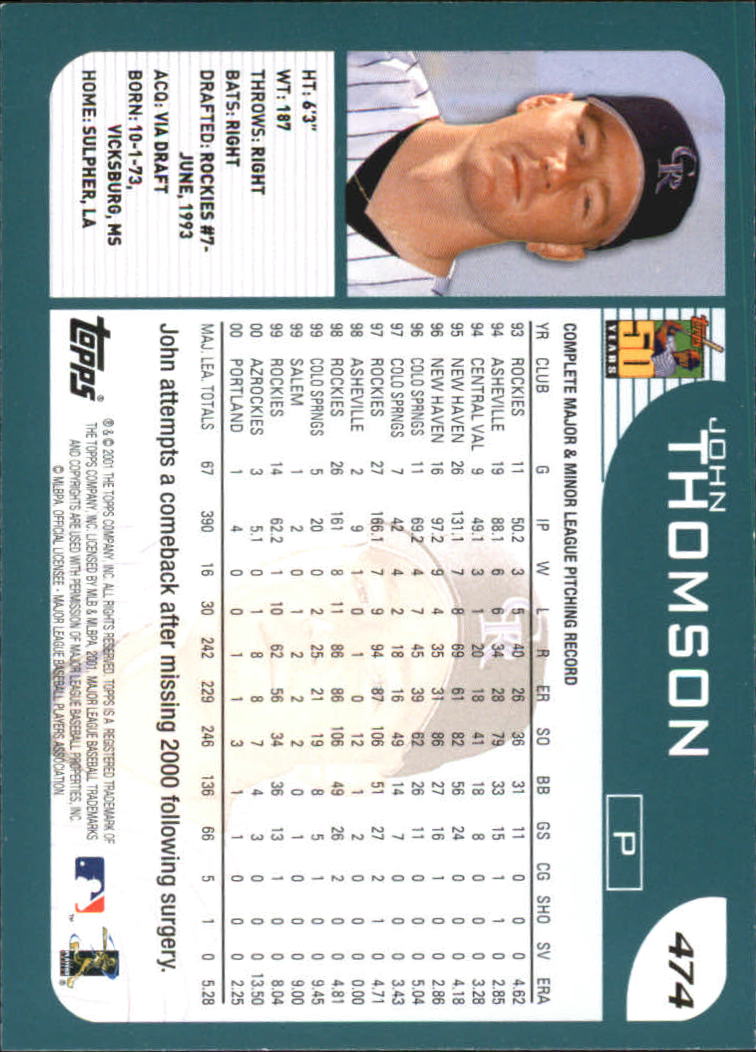 2001 Topps Home Team Advantage #474 John Thomson back image