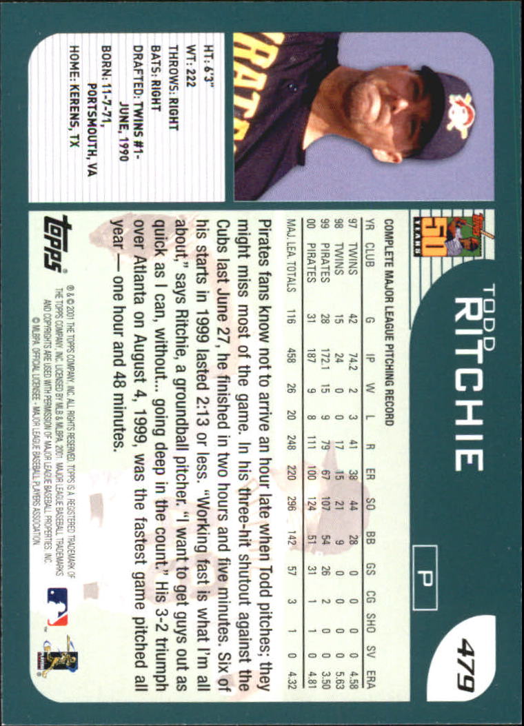 2001 Topps Home Team Advantage #479 Todd Ritchie back image