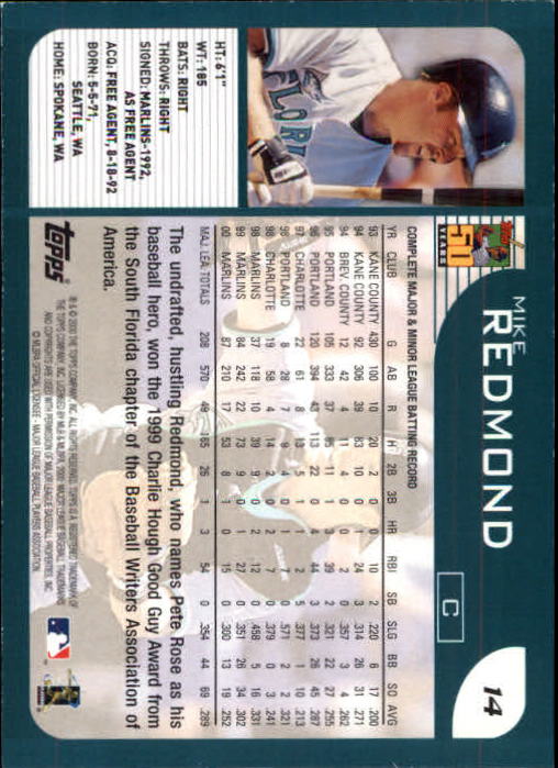 2001 Topps Limited #14 Mike Redmond back image