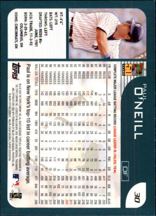 2001 Topps Limited #30 Paul O'Neill back image