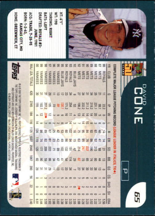 2001 Topps Limited #65 David Cone back image