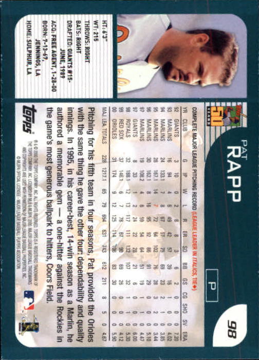 2001 Topps Limited #98 Pat Rapp back image
