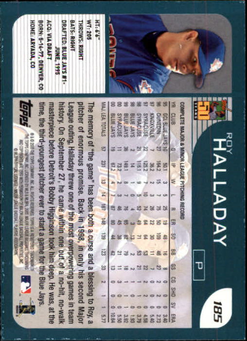 2001 Topps Limited #185 Roy Halladay back image