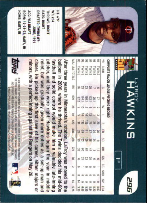 2001 Topps Limited #296 LaTroy Hawkins back image