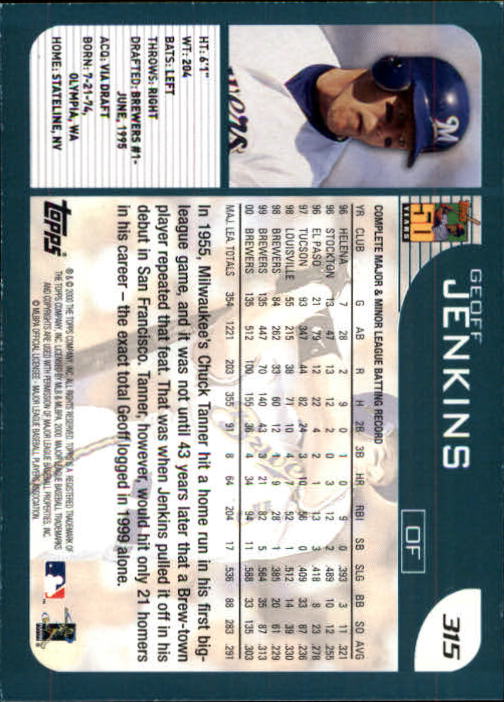 2001 Topps Limited #315 Geoff Jenkins back image