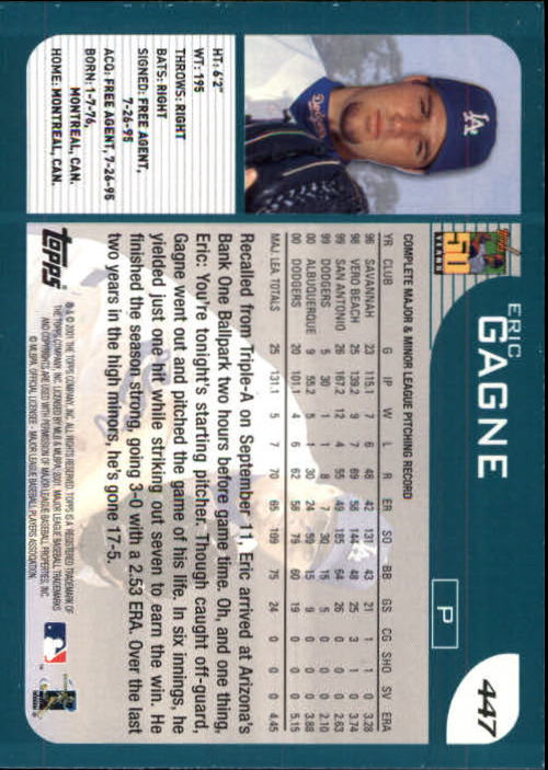 2001 Topps Limited #447 Eric Gagne back image
