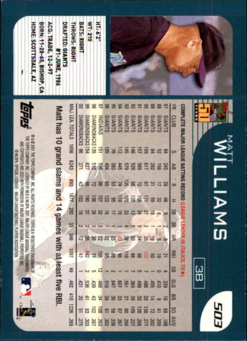 2001 Topps Limited #503 Matt Williams back image