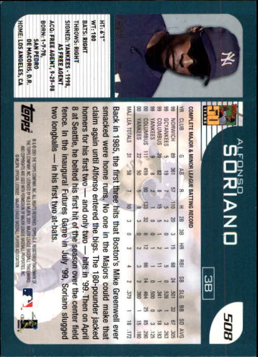 2001 Topps Limited #508 Alfonso Soriano back image