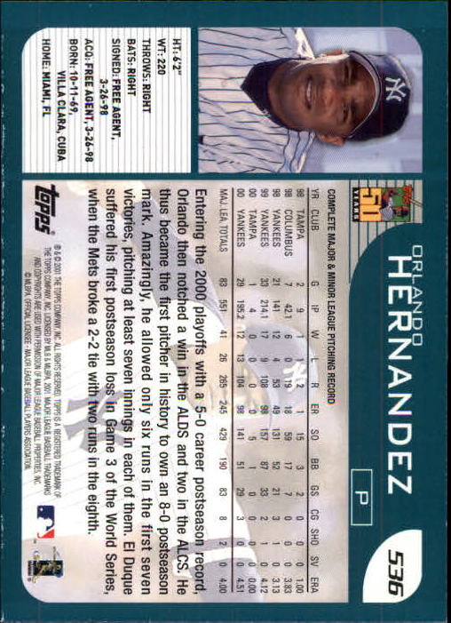 2001 Topps Limited #536 Orlando Hernandez back image